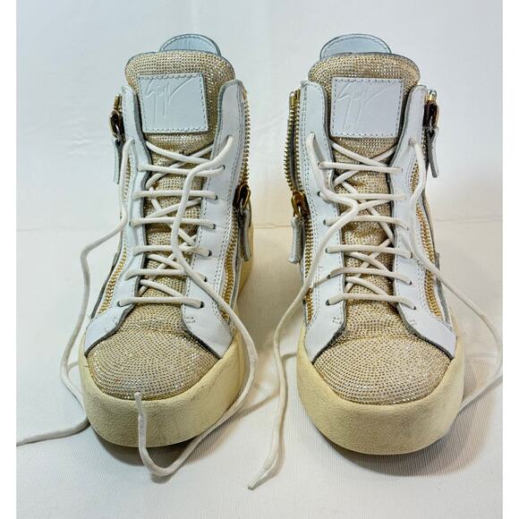 Giusseppi Zanotti Hightop Sneakers Womens 40 10 White Leather Gold Studded Boot - Picture 4 of 16